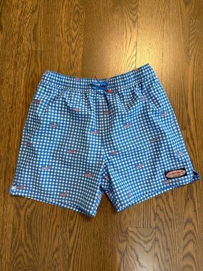 Vineyard Vines Blue Gingham Swim Trunks with Red Whale Accents
